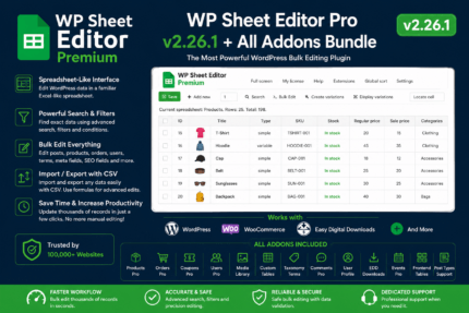 WP Sheet Editor Pro v2.26.1 with all addons for WooCommerce and WordPress bulk editing