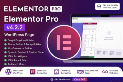 Elementor Pro GPL v4.2.2 WordPress page builder plugin banner featuring theme builder and popup builder elements
