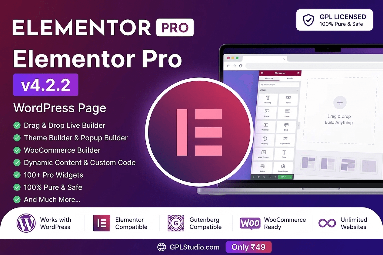 Elementor Pro GPL v4.2.2 WordPress page builder plugin banner featuring theme builder and popup builder elements