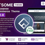 Flatsome GPL responsive WooCommerce theme banner showing UX Builder layout tools and shop templates