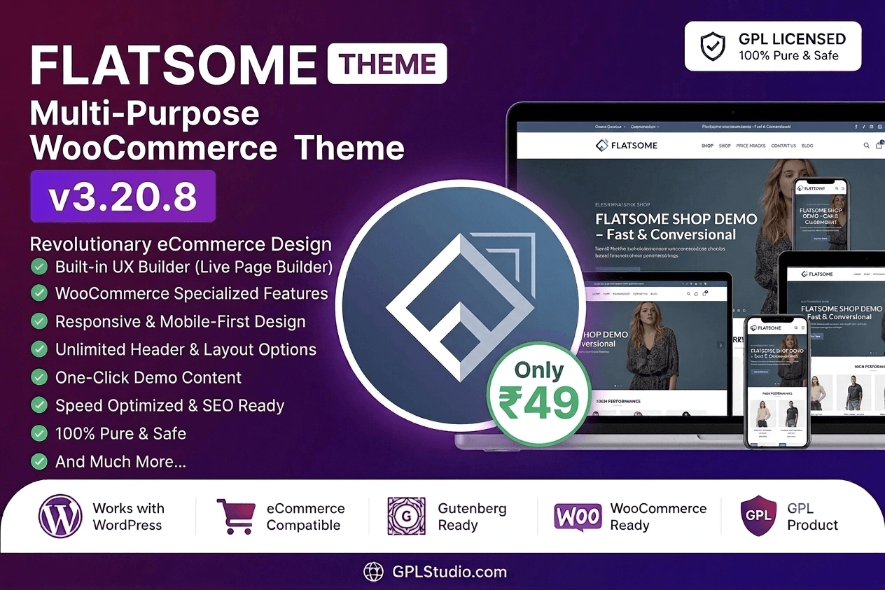 Flatsome GPL responsive WooCommerce theme banner showing UX Builder layout tools and shop templates