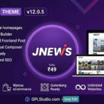 JNews GPL newspaper and magazine WordPress theme banner displaying online publishing layouts and Elementor blocks