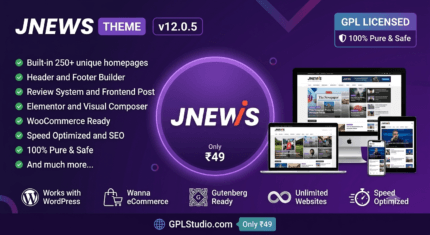 JNews GPL newspaper and magazine WordPress theme banner displaying online publishing layouts and Elementor blocks