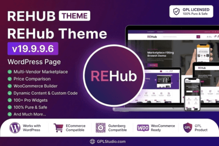 REHub GPL WordPress theme banner featuring price comparison table, affiliate marketing tools, and multi vendor marketplace layouts