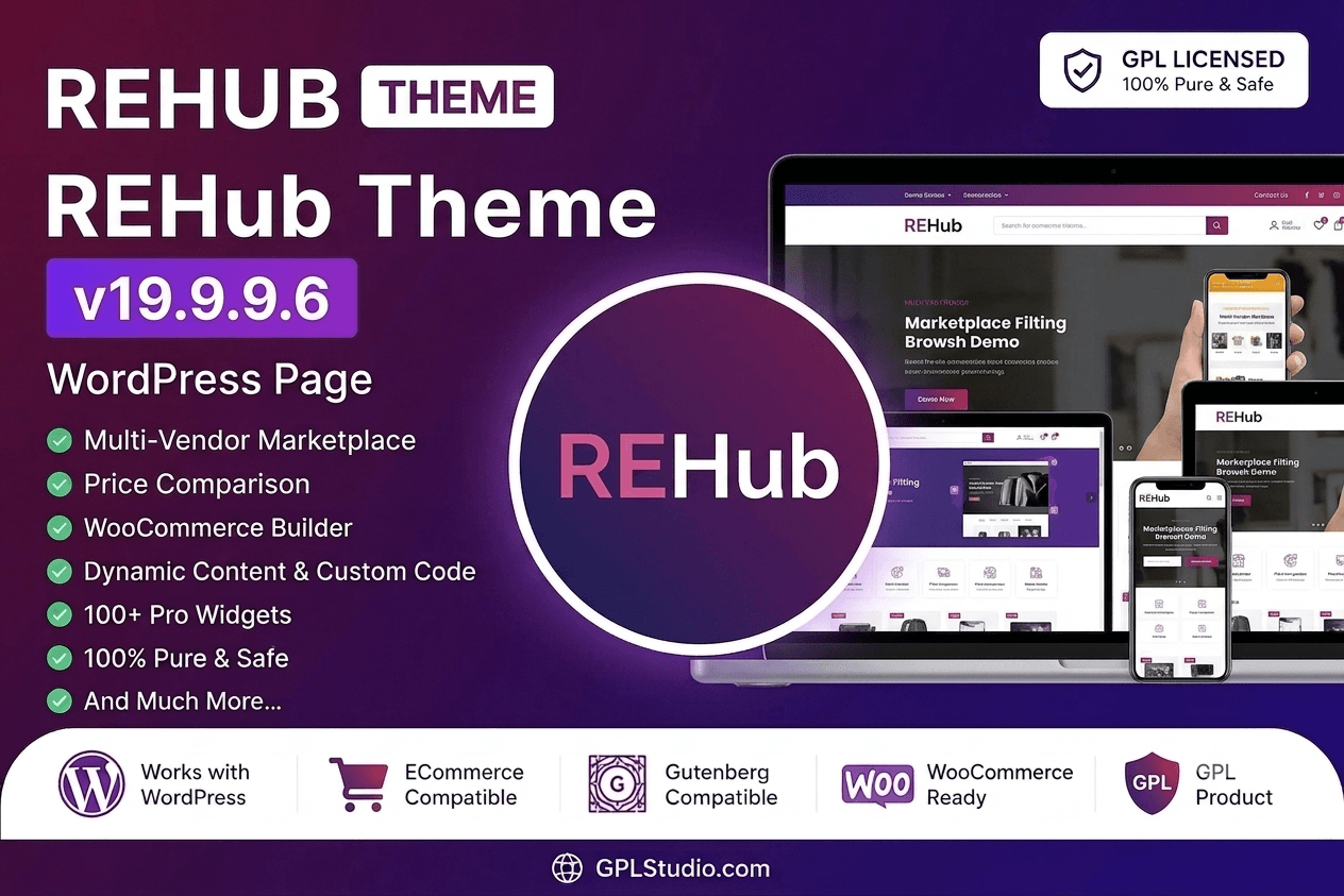 REHub GPL WordPress theme banner featuring price comparison table, affiliate marketing tools, and multi vendor marketplace layouts